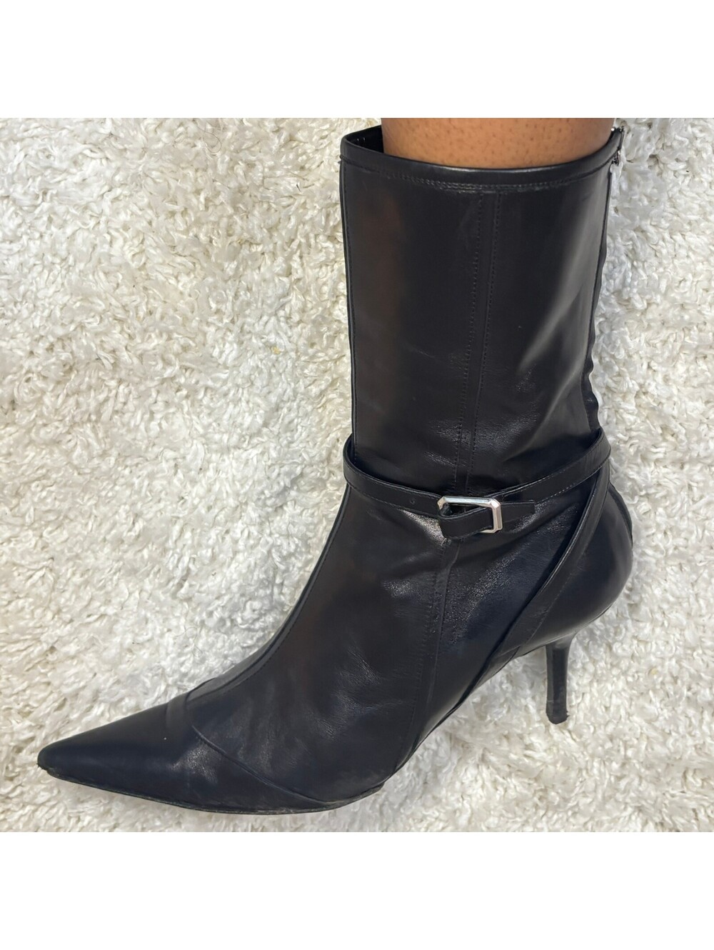 Narciso Rodriguez Leather Mid Calf Kitten Heel Boots Black Pointed Toe 7.5 8